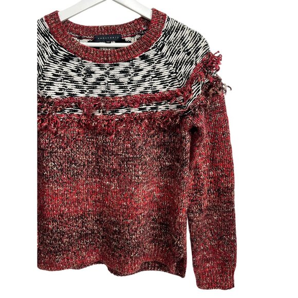 Sanctuary Chunky Knit Fringe Sweater Red Black Fair Isle Boho Size Small - Picture 4 of 16